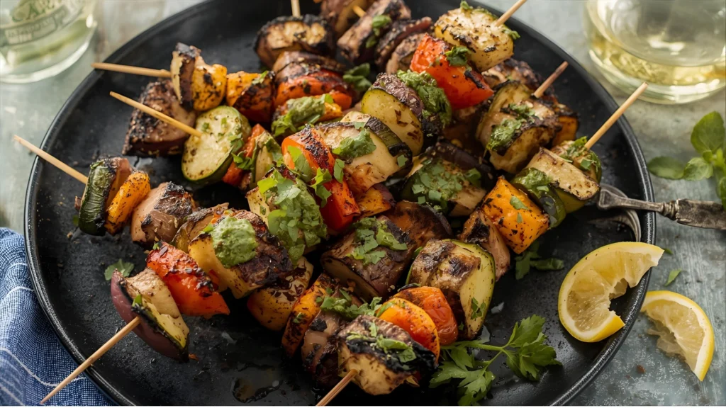 Brochetas vegetales a la parrilla con Chimichurri Chili Lemara, coloridas y saludables