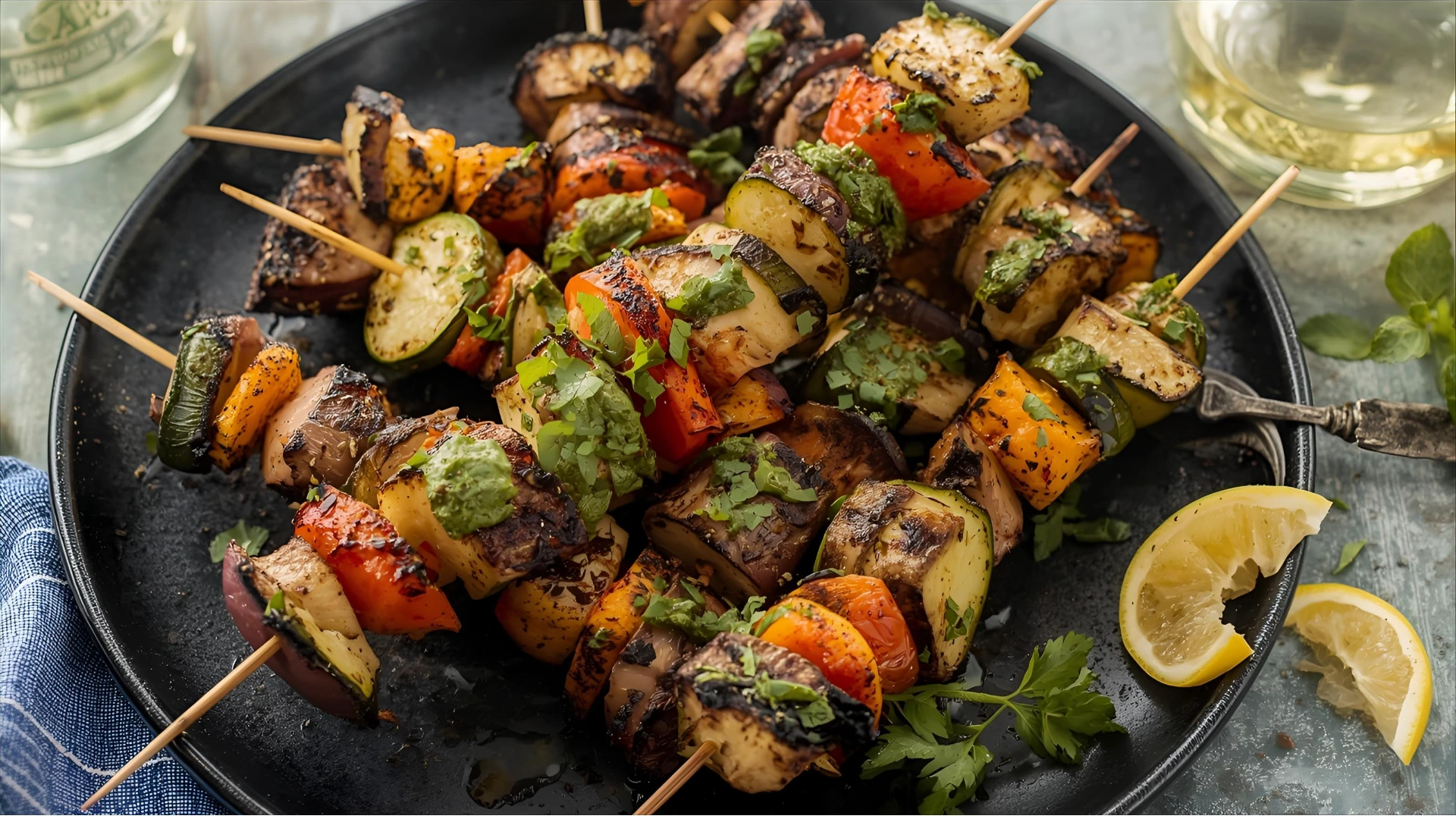 Brochetas vegetales a la parrilla con Chimichurri Chili Lemara, coloridas y saludables