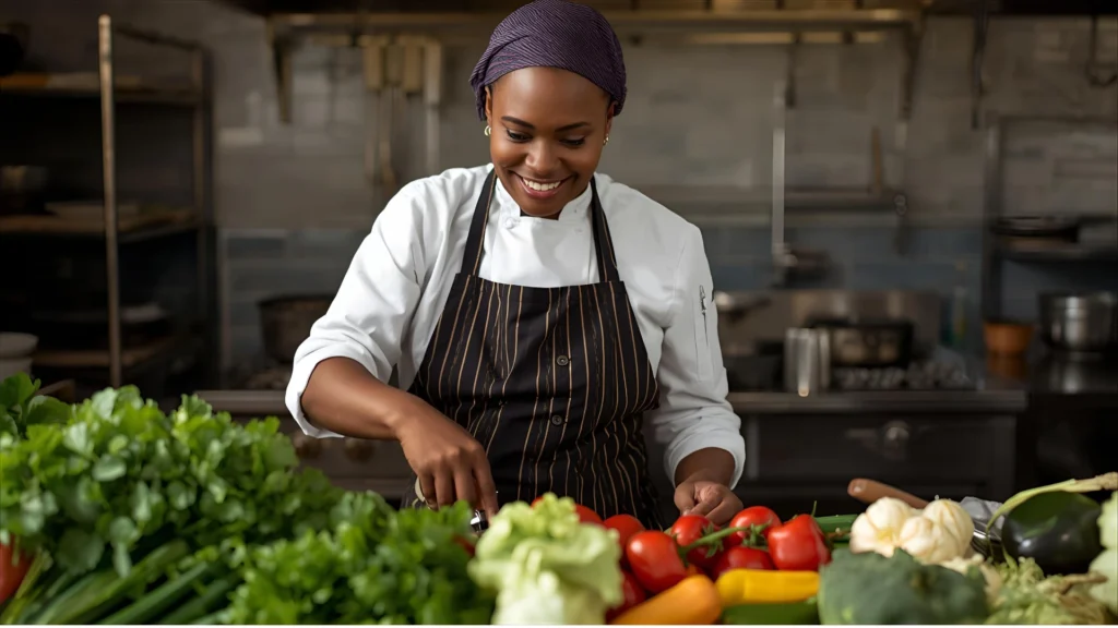 La Verdad Detrás del Sabor: La Importancia de los Ingredientes 100% Naturales 2 Chef seleccionando vegetales frescos y orgánicos para cocinar