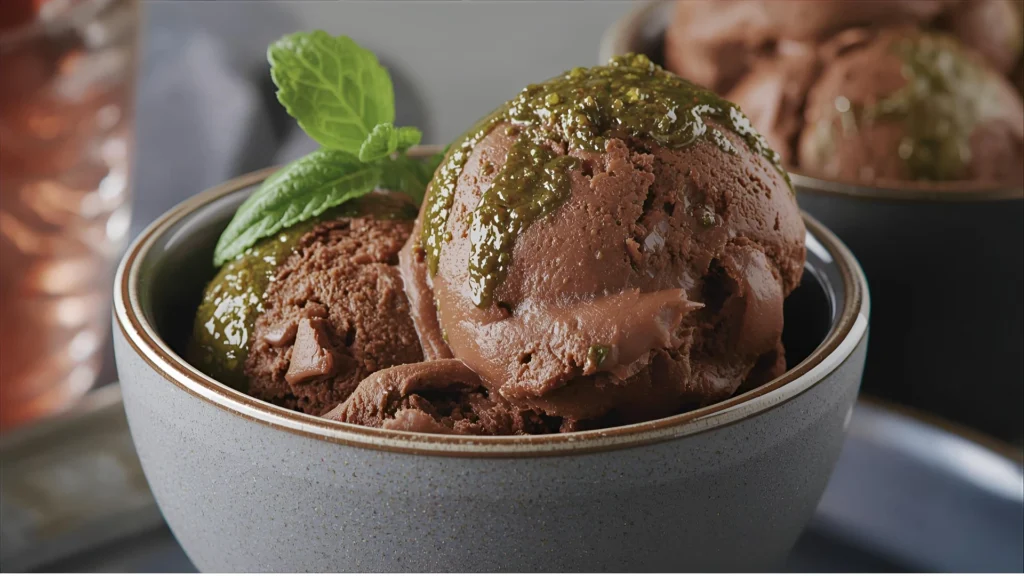 Helado de chocolate cremoso con Chimichurri Hot Chili Lemara, postre picante y exótico