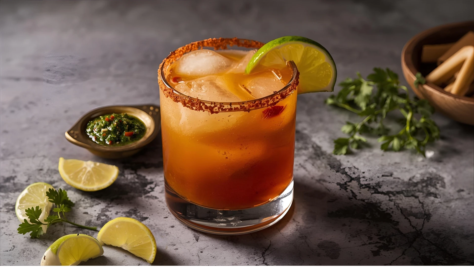 Margarita picante con Chimichurri Hot Chili Lemara, con borde escarchado de sal y chile