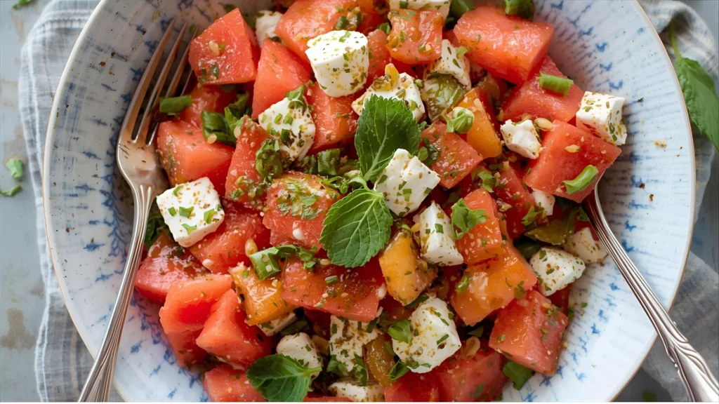 Ensalada refrescante de sandía, queso feta y menta con Chimichurri Chili Lemara