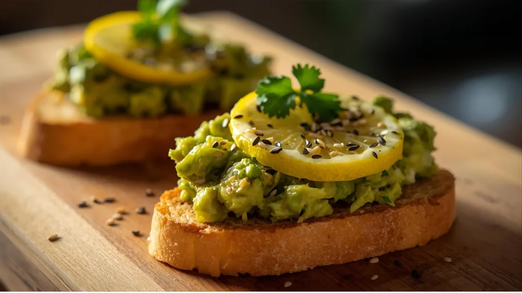 Tostadas de aguacate con Chimichurri Classic Lemara, decoradas con cilantro y semillas de sésamo